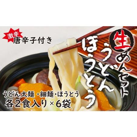 ふるさと納税 生めんセット（うどん太麺２袋・うどん細麺２袋・ほうとう２袋）自家製激辛とうがらし付き 山梨県大月市