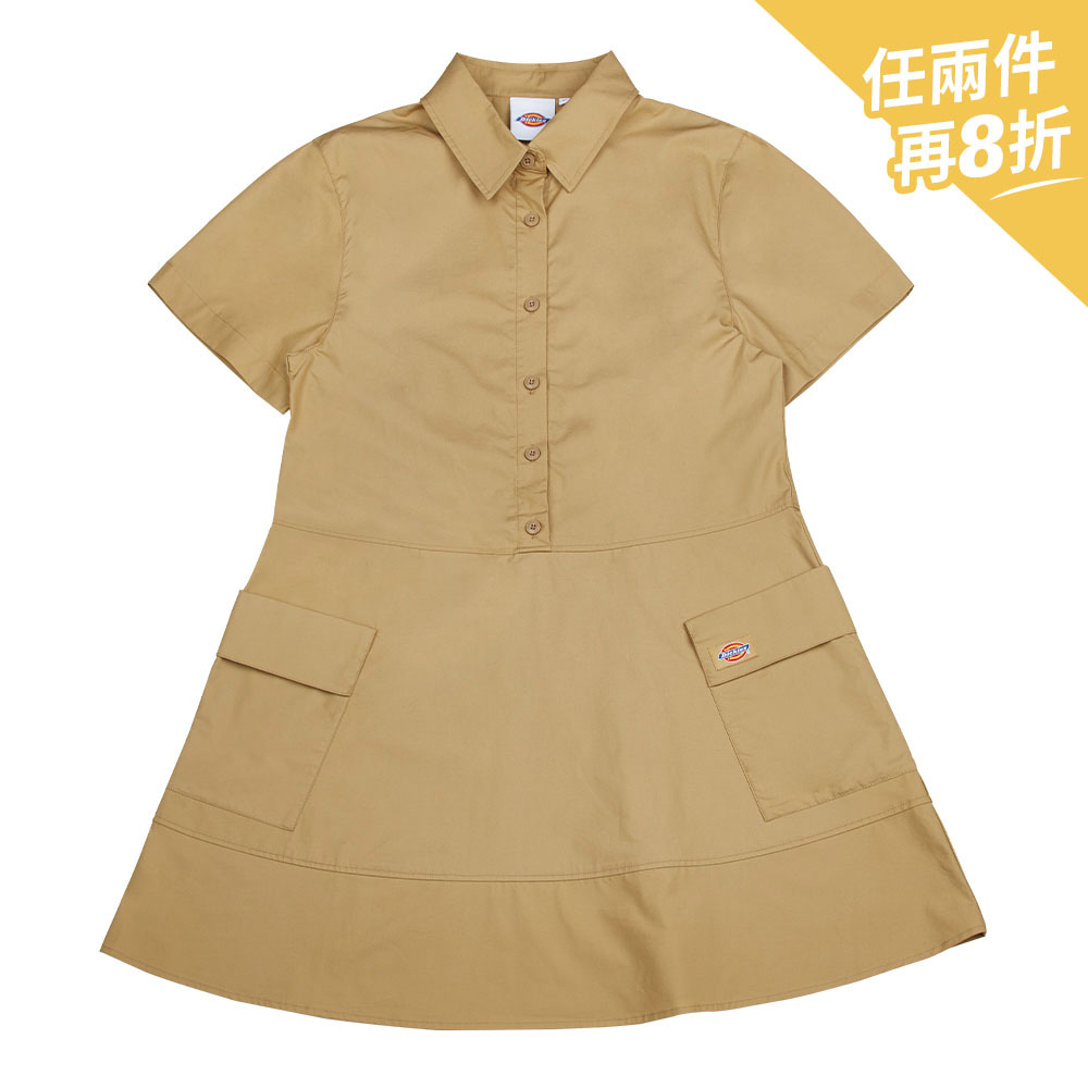 Dickies女款卡其色府綢多口袋短袖襯衫連衣裙|DK008802KHK