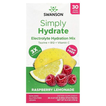 Swanson Vitamins, Simply Hydrate，電解質補水混合飲品，樹莓檸檬水味，30 條，每條 0.21 盎司（5.95 克）