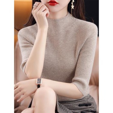 春秋五分袖羊毛打底衫女修身內搭半高領中袖針織衫套頭中領上衣