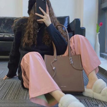 oroi美式粉色休閑褲女潮ins長褲女小個子顯瘦百搭高腰直筒慵懶風