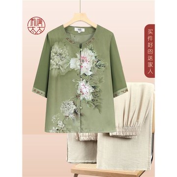 媽媽夏裝雪紡衫2023新款女短袖中老年人女裝套裝奶奶開衫襯衣太太