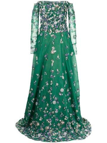 Saiid Kobeisy - beaded off-shoulder tulle dress - women - Polyester - 38 - Green
