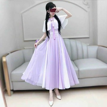 夏裝新款女裝紫色改良學院國風小披肩顯瘦雪紡拼接連衣裙長裙