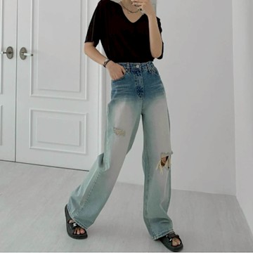 正韓牛仔褲 磨破牛仔直筒長褲DOB0393-創翊韓都