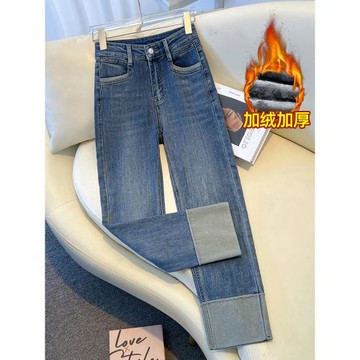 (免運)復古煙管牛仔褲女秋冬季2025新款小個子加厚九分加絨法棍褲直筒褲