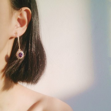 HiOnion原創14K包金超閃仙紫色鋯石耳環耳夾復古小眾旅行宴會耳飾