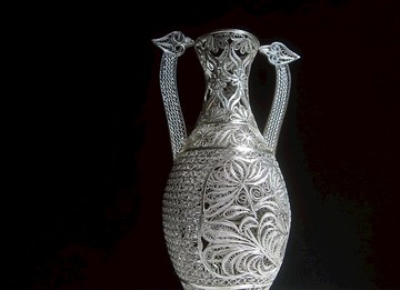 【老時光 OLD-TIME】早期稀有銀製工藝品花瓶擺飾(附玻璃罩.木座)