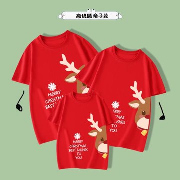 新年圣誕紅色親子裝2025新款小鹿洋氣一家三口四口短袖t恤母女夏