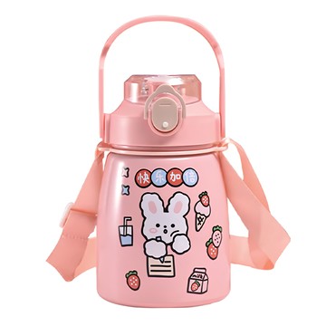 304不銹鋼大肚保溫杯  850ml  含吸管+提繩帶  粉色  1個