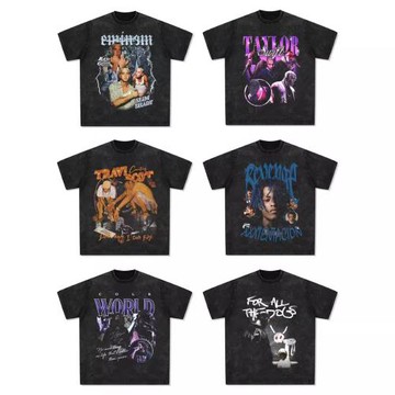 侃爺比伯阿姆TravisScott德雷克XXX美式嘻哈說唱復古印花水洗短袖