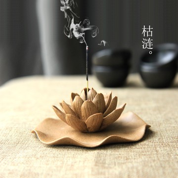 手工香插 枯漣 粗陶泥禪意禮佛鎮紙蓮荷花香托座盤擺件1入