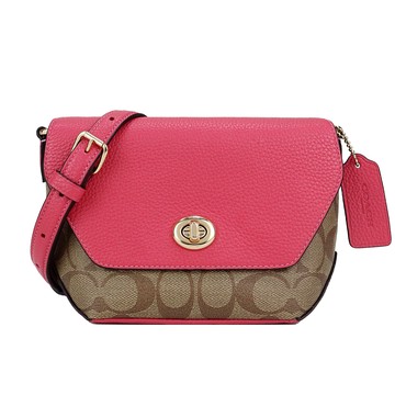 COACH KARLEE 掀蓋轉扣緹花拼接皮革斜背包(紫紅)