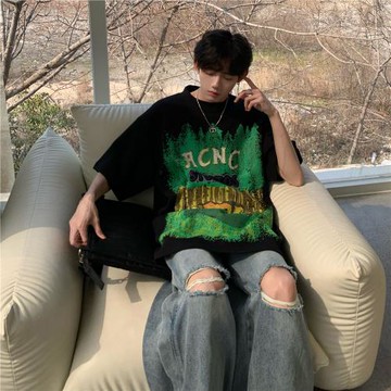 青少年短袖t恤男夏季寬松潮牌印花情侶裝半袖上衣美式休閑體恤衫