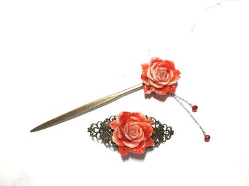 紅玫瑰 朱紅 髮簪 或 2段彈性夾 造型