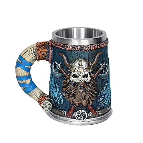 OTARTU Valhalla Viking Stainless Steel Single Handle Horn Skull Beer Stein Cup、Nordic Viking Warrior Skull Mug Tankard 17 oz、Halloween Bar Drin