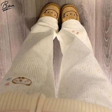 女生休閒褲 長褲女 直筒褲 闊腿褲秋冬日系軟妹刺繡小熊塗鴉點點燈芯絨保暖闊腿褲加絨寬鬆學生長褲3/10