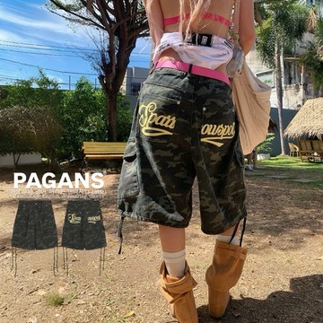 【PAGANS STORE】韓國 復古 美式 迷彩 刺繡 英文 街頭 工裝 牛仔短褲 短褲