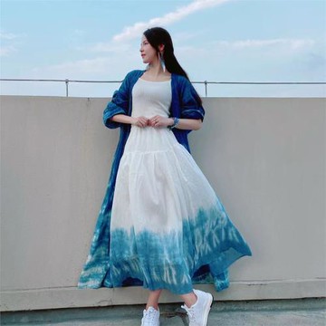 一澈扎染原創設計手工植物藍染秋款文藝魚鱗花紋棉麻漢服罩衫外披