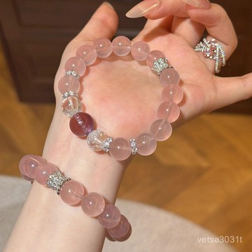 臺灣免運🌟馬達加斯加仿冰透馬粉水晶手串桃花運轉運珠粉水晶手鏈小衆女款