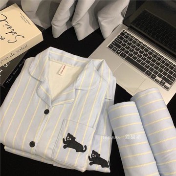 刺繡小貓德絨磨毛男士情侶睡衣女秋冬保暖雙面薄絨長袖套裝家居服