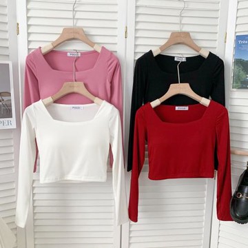 設計感小眾方領修身長袖t恤女秋季帶胸墊打底衫露臍短款上衣外穿