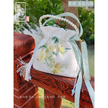 漢元素復古風斜挎包漢服包寶女仙女布包中國風束口荷包流蘇繡花包