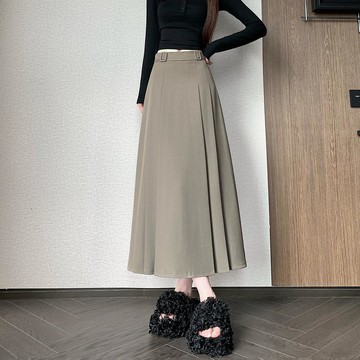 臺灣出貨🌸韓系西裝中長款壓褶半身裙女高腰顯瘦西裝裙雙褲腰設計A字裙