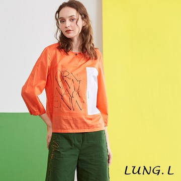 LUNG.L林佳樺 橘色棉質拼接字母印花七分袖女裝上衣LP12A