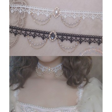 台灣現貨 貓熊繽雰 法式赫本CHIC溫柔風寶石珍珠蕾絲項鏈 Lolita手作小物choker頸鏈鎖骨鏈甜系cla黑白新娘