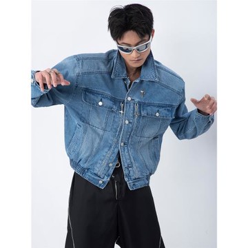 PLAN1ONE山羊同款金屬拉鏈短款墊肩牛仔外套復古立體夾克機車服潮