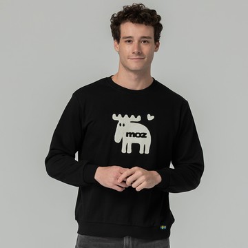 moz瑞典 毛巾繡愛心駝鹿 100%純棉 大學T-黑色(亞洲版) 男款