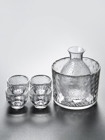 唐豐玻璃溫酒器套裝家用日式黃酒溫酒器白酒清酒燙酒壺錘紋小杯A