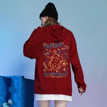潮牌復古小老虎印花加絨連帽衛衣