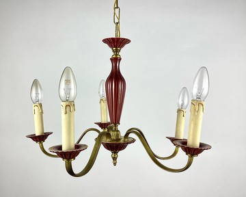 鍍金黃銅和勃艮第陶瓷復古枝形吊燈|5燈天花板照明