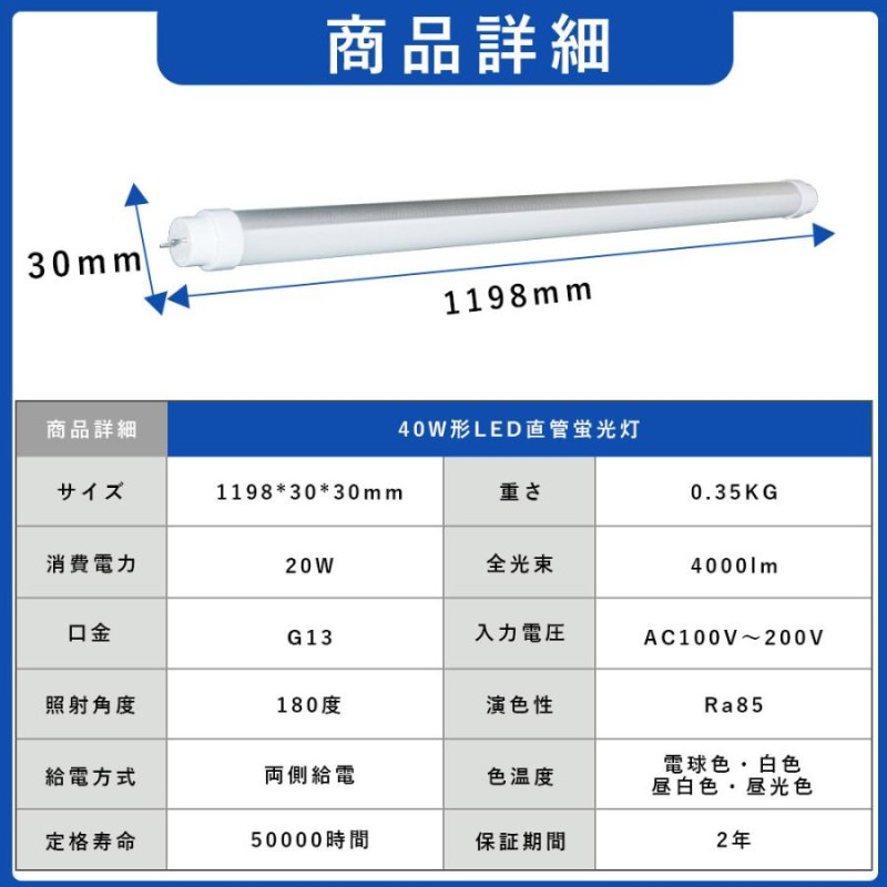 直管ledランプ 20W 4000lm 軽量 G13対応 LED蛍光灯 40W形相当 LED