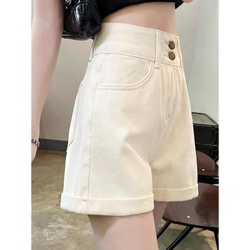 高腰a字牛仔短褲女顯瘦遮胯夏季薄款米白色卷邊梨形身材寬松闊腿