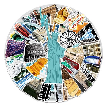 行李箱貼紙 旅行箱貼 大張貼紙 貼紙 64張地標建築塗鴉個性ins風DIY手機殻行李箱防水貼紙