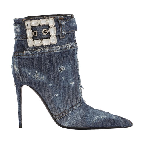 Patchwork denim ankle boots with rhinestone buckle