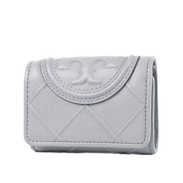 TORY BURCH 專櫃款 FLEMING 粒面絎縫菱格釦式三折短夾-灰色