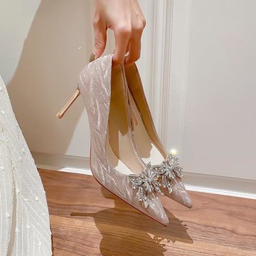水晶法式新娘婚鞋不累腳宴會蝴蝶結細高跟鞋主婚紗公主伴娘單鞋女