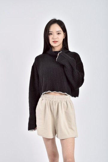 (F) maison質感修身短版針織中低領長袖黑色毛衣