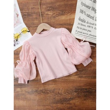 8901百合緞女童新品春款長袖T恤圓領純色公主蓬蓬袖時髦洋氣爆款