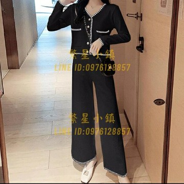 長袖小香風針織開衫短款外套寬鬆休閒闊腿褲顯瘦百搭直筒女