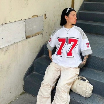 現款免運 大码美式复古短袖 冰球服 橄欖服 數字球衣 機車短袖歐美高街t恤設計感美式冰球服潮牌復古時尚短袖青少男H