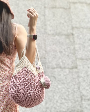 【棉織胖胖包】奶白櫻花粉・手提/肩揹/子母包/手工編織包