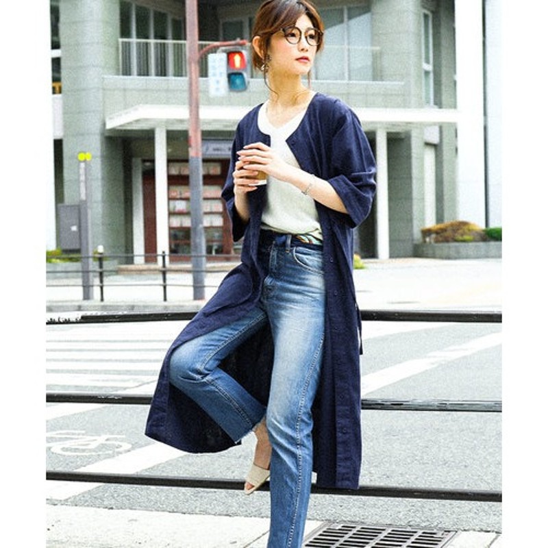 Fashion Letter リネンレーヨン ロング シャツワンピース 大きいサイズ 5分袖 麻 ノーカラーワンピース ロングワンピース ワンピ シャツ リボンウエスト ワンピース 春服 春物 羽織り シャツワンピ カジュアル レディース スプリングコート 春夏 M L Ll 3l 4l ブルー M