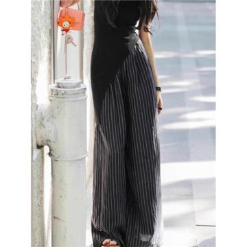 高級時尚寬松亞麻條紋褲子女秋季新款慵懶黑色棉麻拖地西裝直筒褲