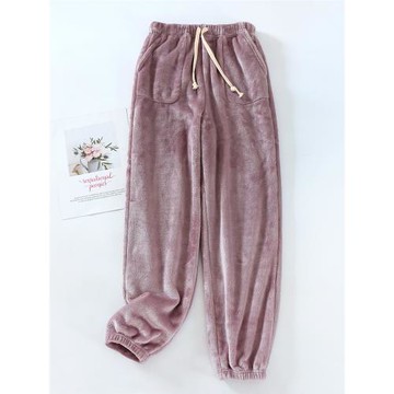 新加厚法蘭絨睡褲女冬收腳口家居褲寬松大碼加絨保暖珊瑚絨暖暖褲