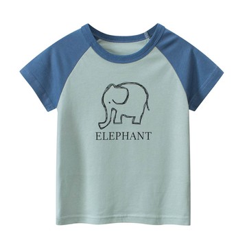 27KIDS - 純棉短袖上衣-線條大象-綠/藍